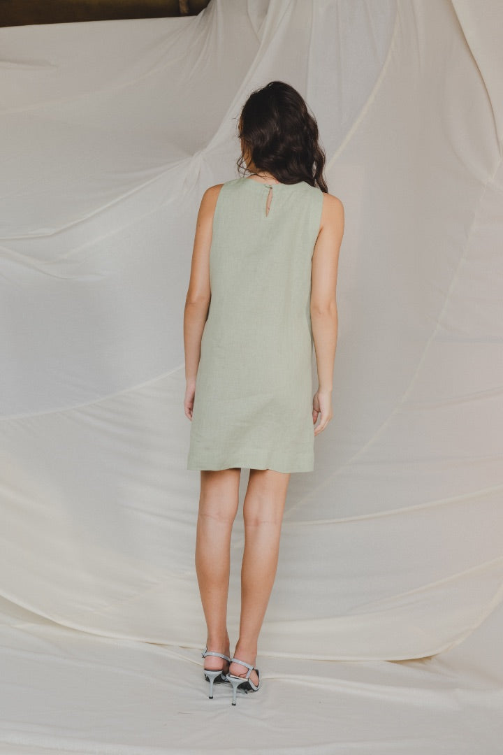 Sage Green Mini Dress | Linen | Summer | Appliqué