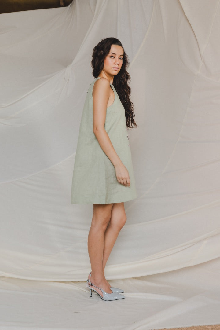 Sage Green Mini Dress | Linen | Summer | Appliqué