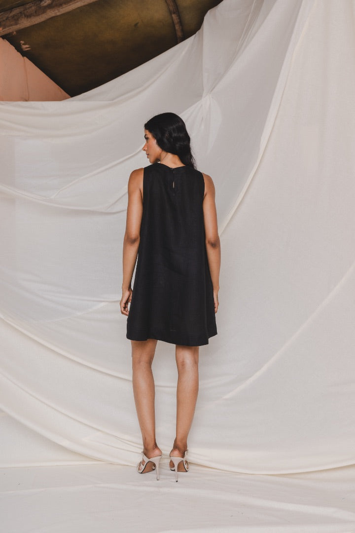 Black Mini Dress | Linen | Summer | Appliqué