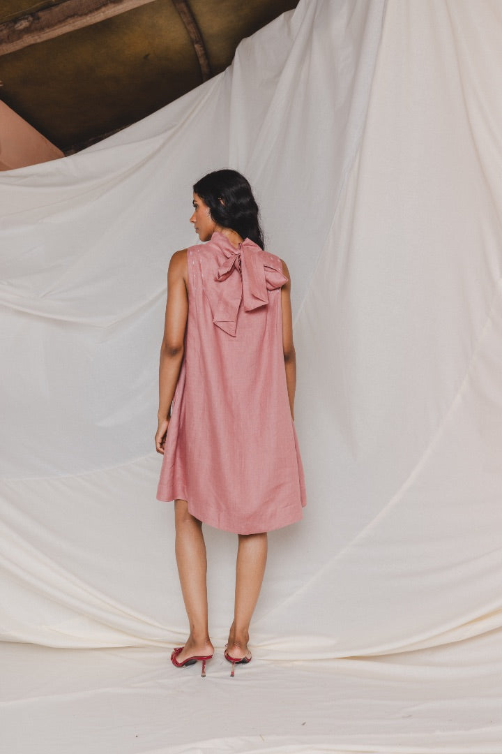 Linen Dress | Carrot Coloured | Tie-up | High neck