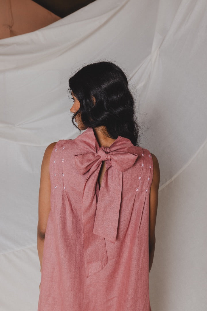Linen Dress | Carrot Coloured | Tie-up | High neck