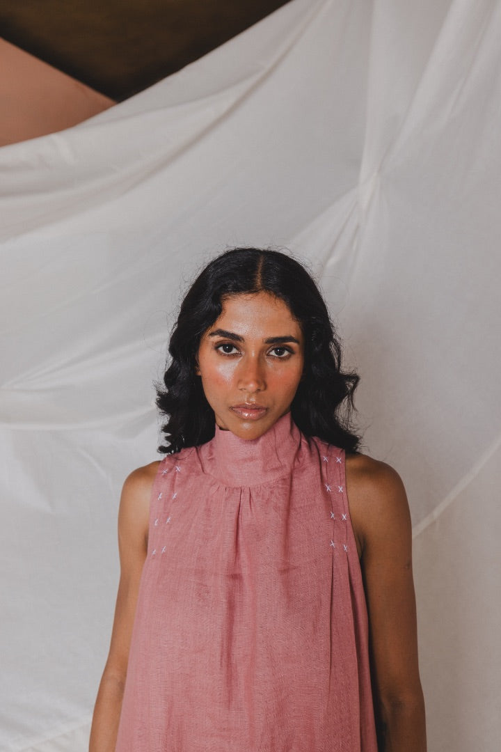 Linen Dress | Carrot Coloured | Tie-up | High neck