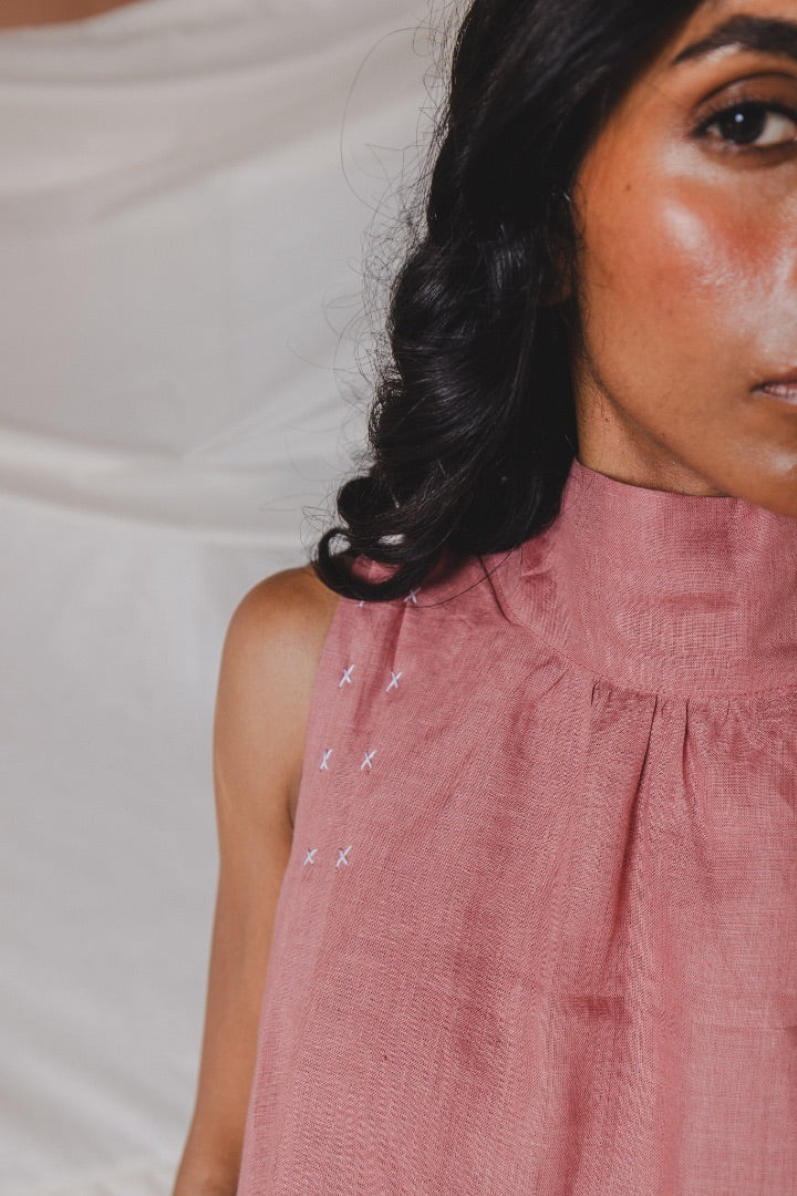 Linen Dress | Carrot Coloured | Tie-up | High neck