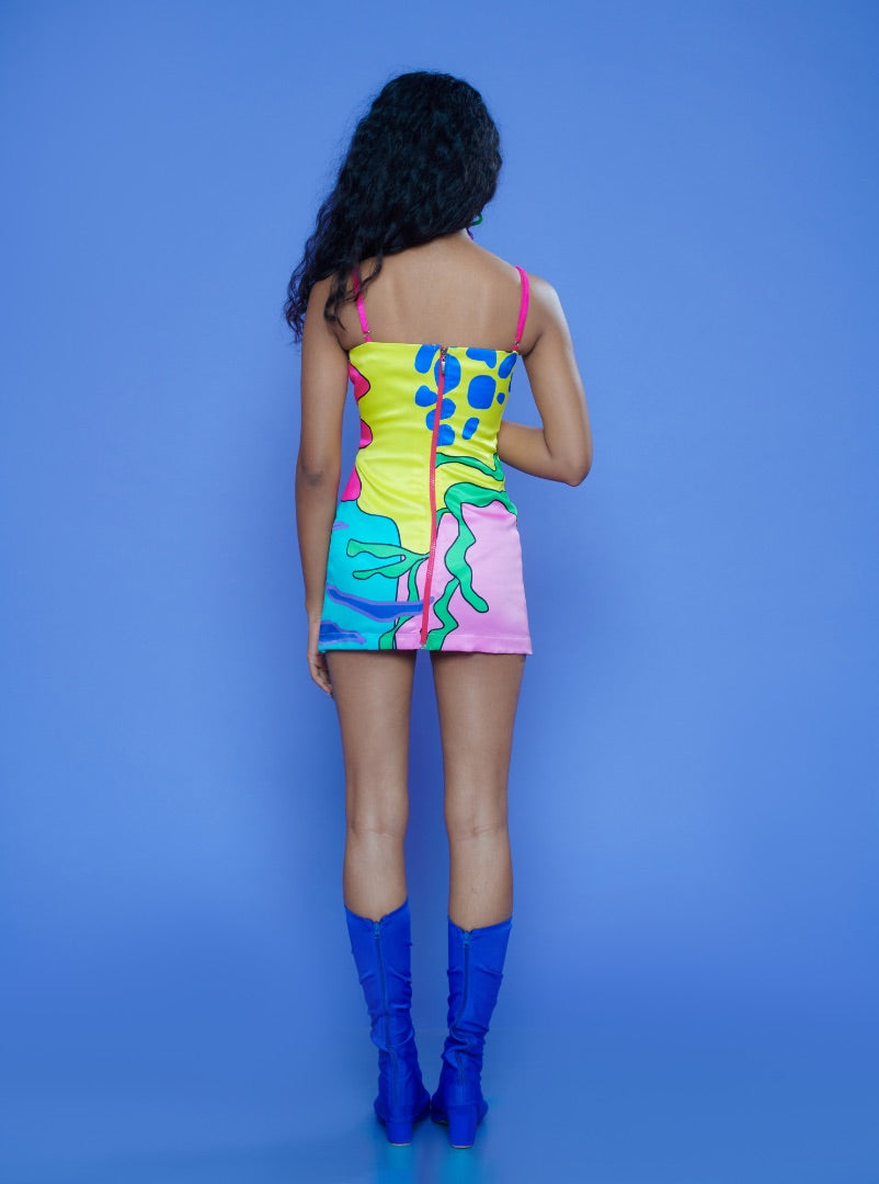multicolour printed satin mini dress