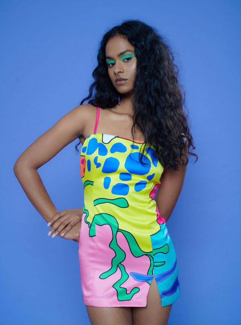 multicolour printed satin mini dress