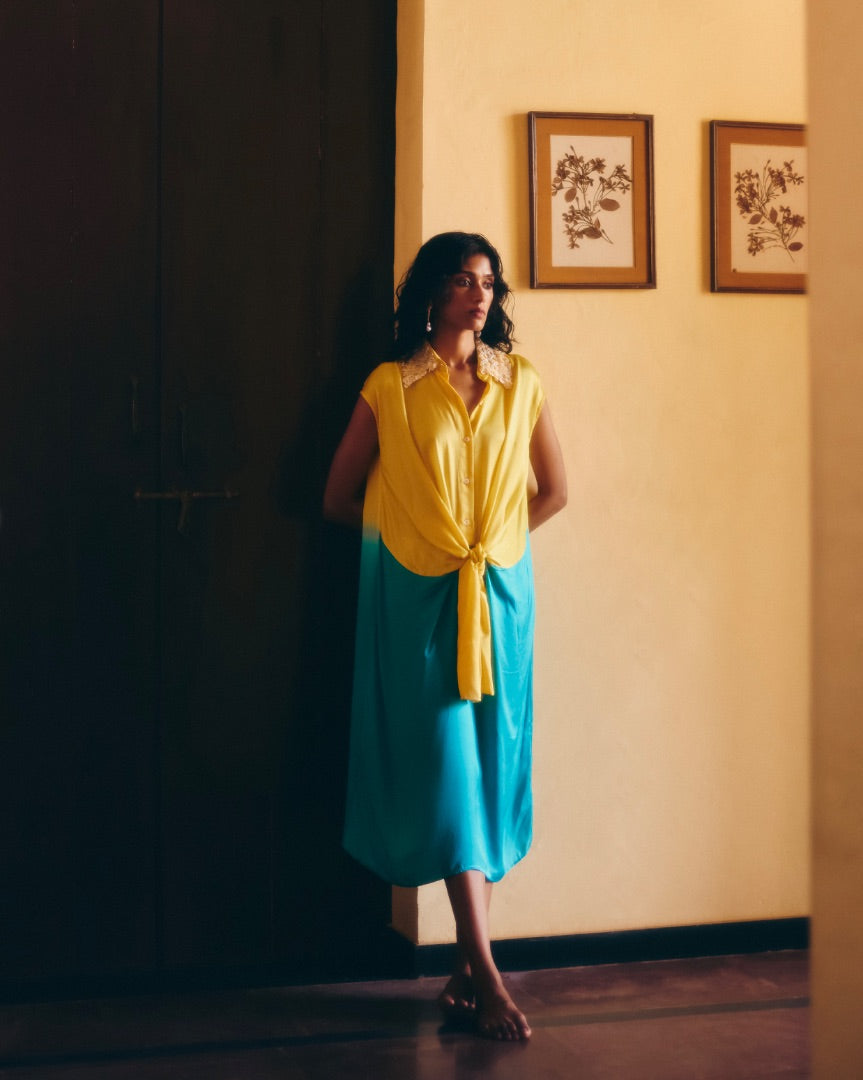 Yellow & Blue Knot Dress | Vegan Silk | Hand Embroidery