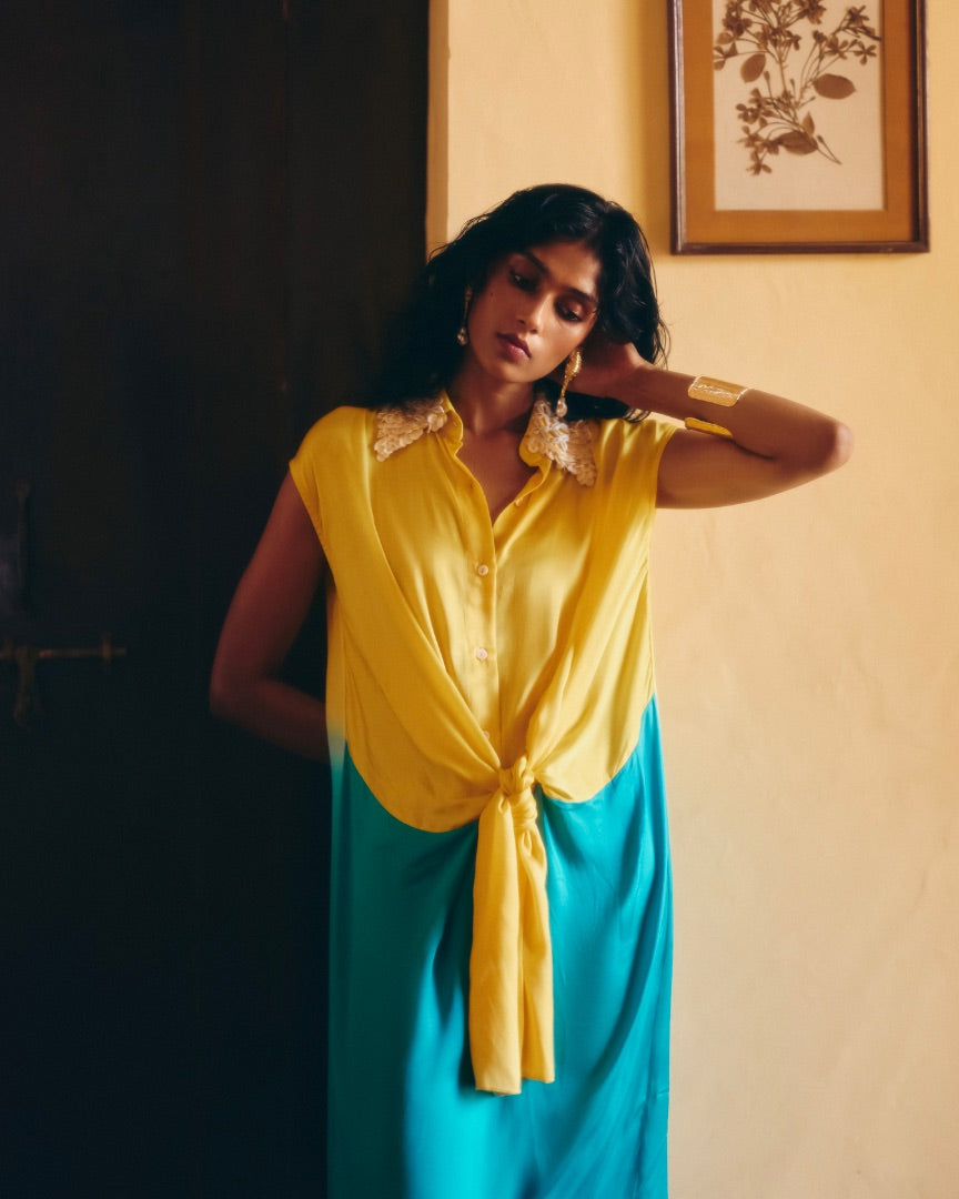 Yellow & Blue Knot Dress | Vegan Silk | Hand Embroidery