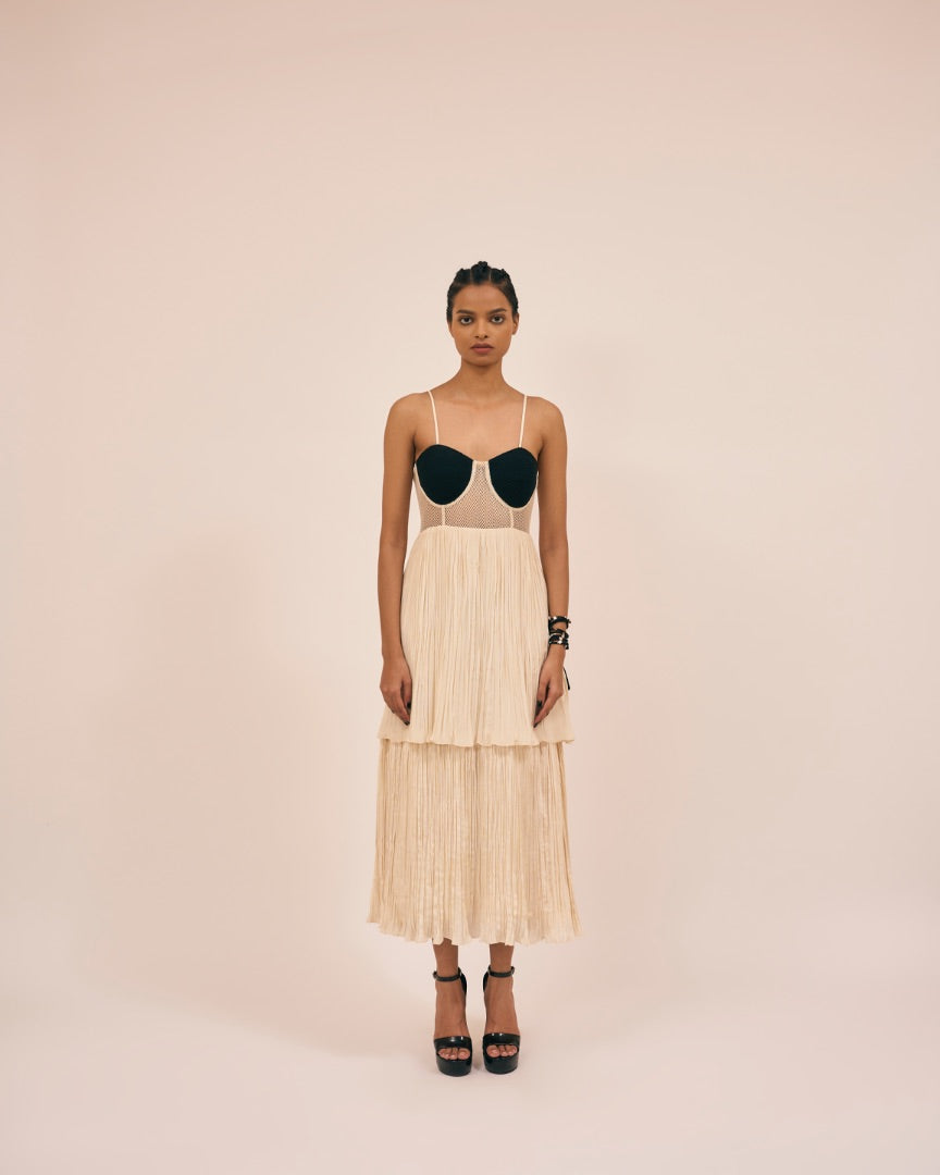 beige silk dress with handmade crochet blouse