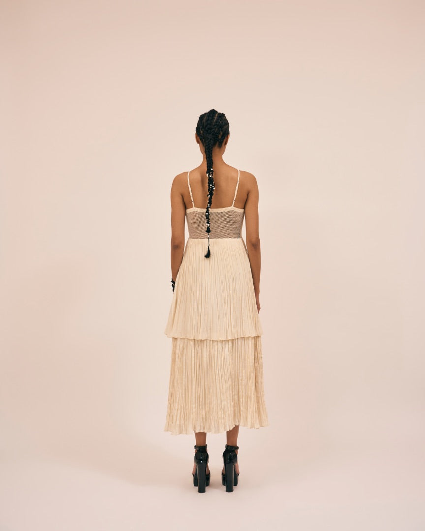 beige silk dress with handmade crochet blouse