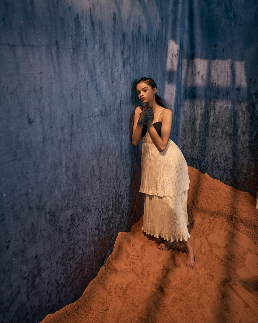 beige silk dress with handmade crochet blouse