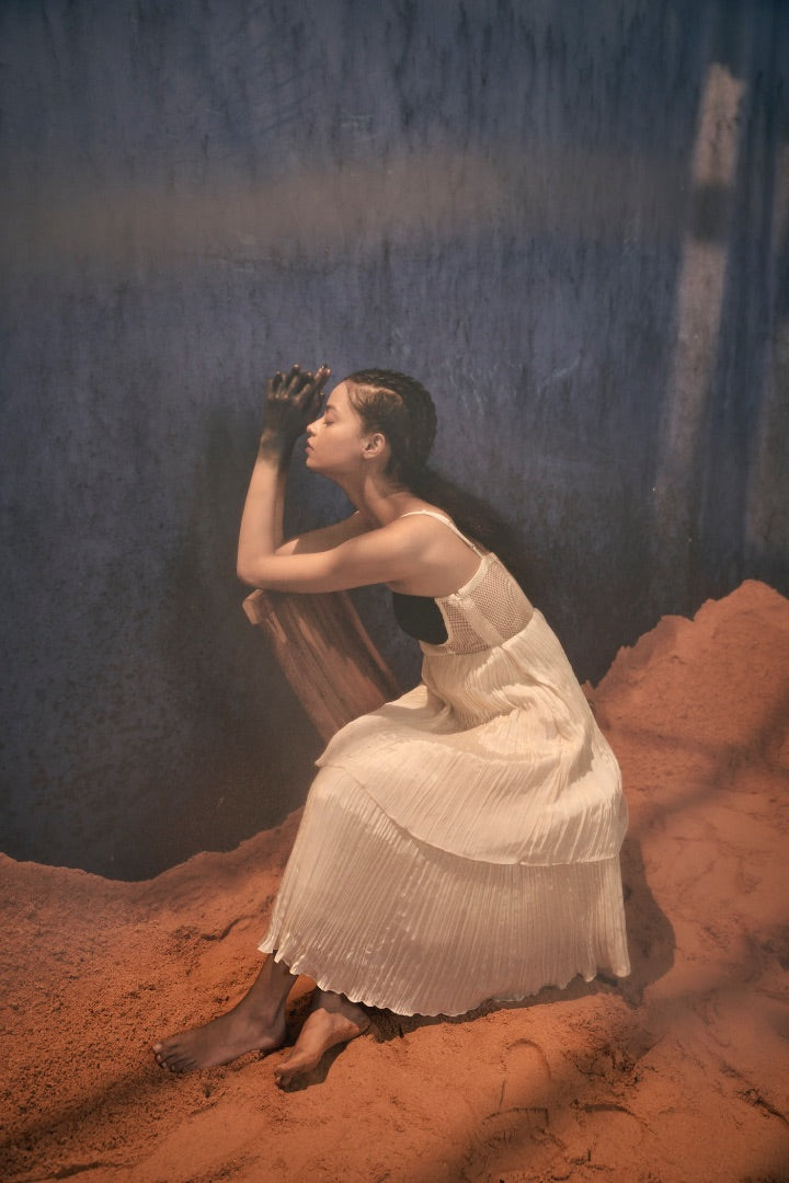 beige silk dress with handmade crochet blouse