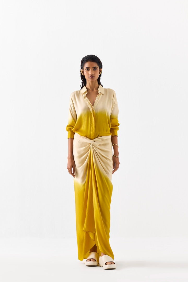Mustard Shirt Draped Dress | tie-dye | summer | beach | beige | leheriya