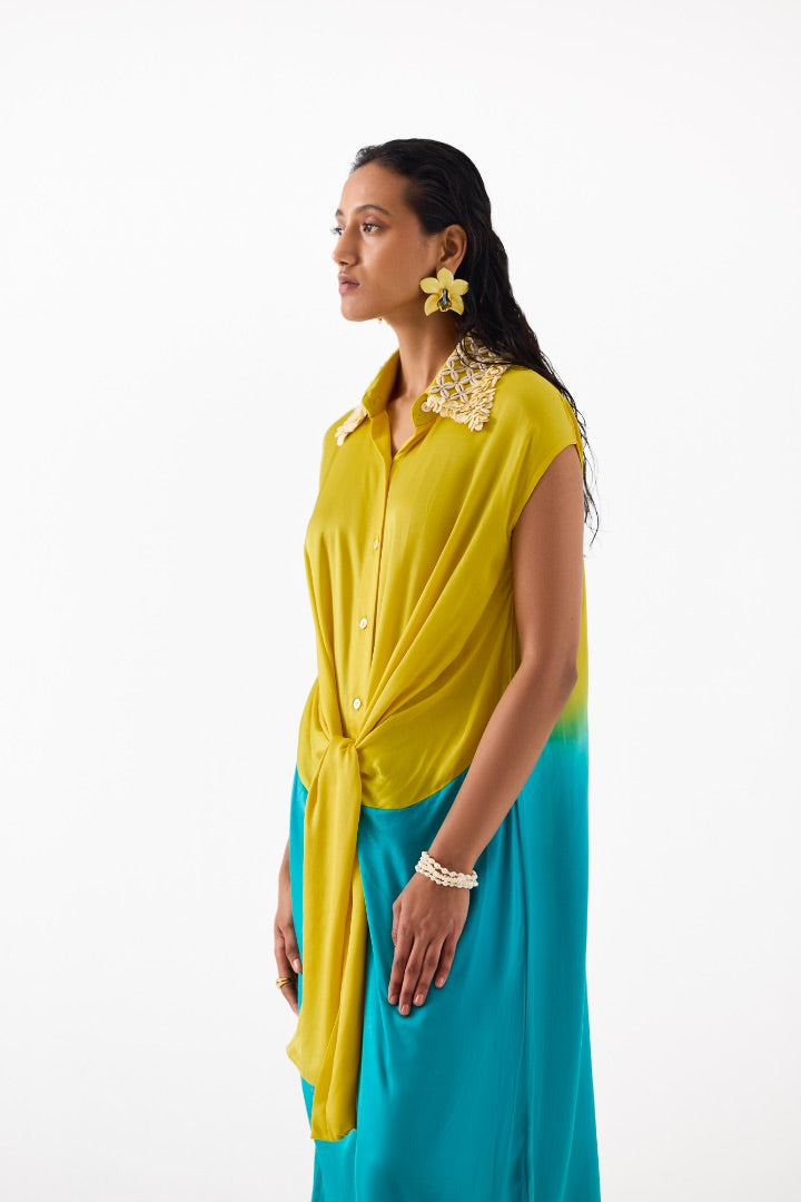 Yellow & Blue Knot Dress | Vegan Silk | Hand Embroidery
