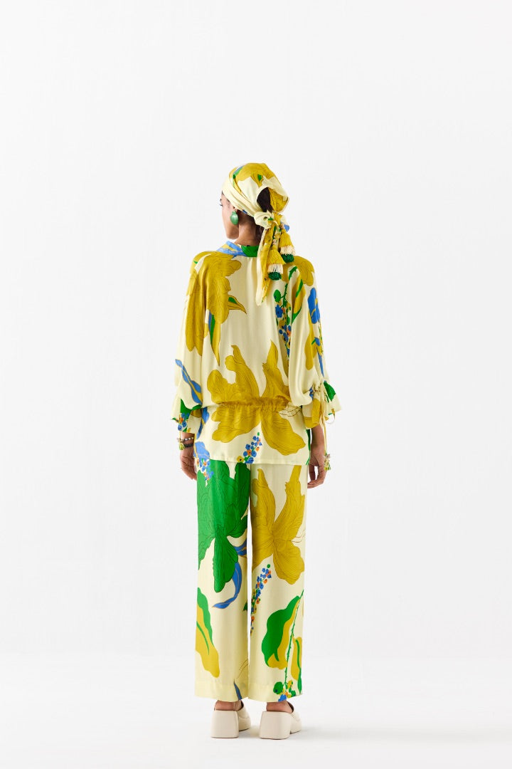 Yellow Rose Drawstring Shirt & Trousers Coord Set | Printed | Silk | Summer | travel | resort