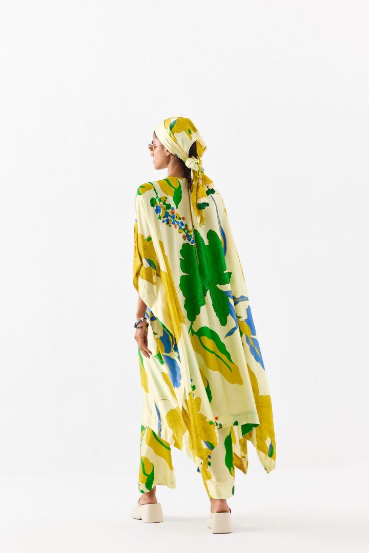 Yellow Rose Printed Kimono And Pants | Silk | Summer \ travel | resort