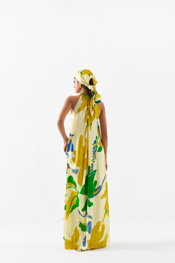 Yellow Rose Printed Halter Dress | Multicolour | Silk | Summer | Travel | Resort