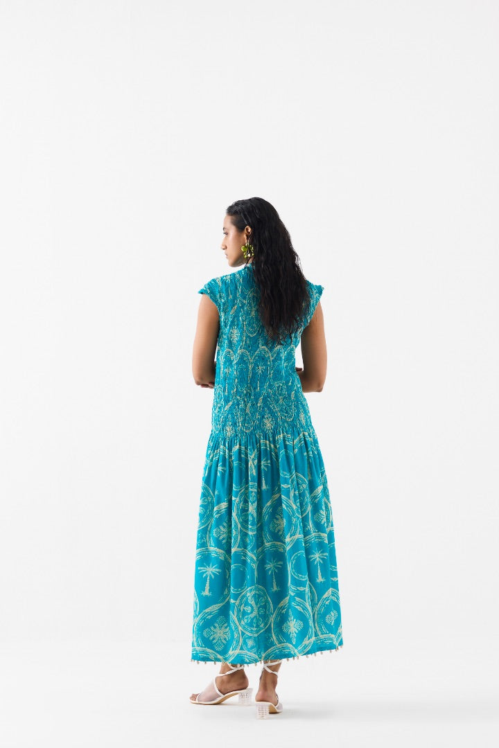 Turquoise Blue Ruching Dress \ printed \ cotton \ travel \ summer