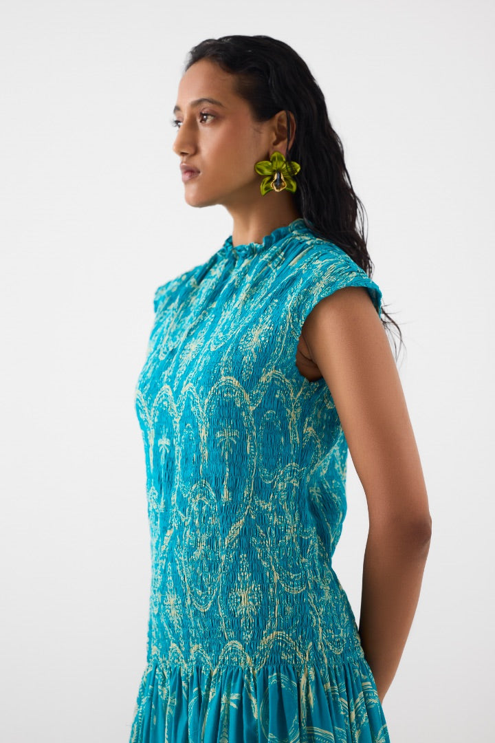 Turquoise Blue Ruching Dress \ printed \ cotton \ travel \ summer
