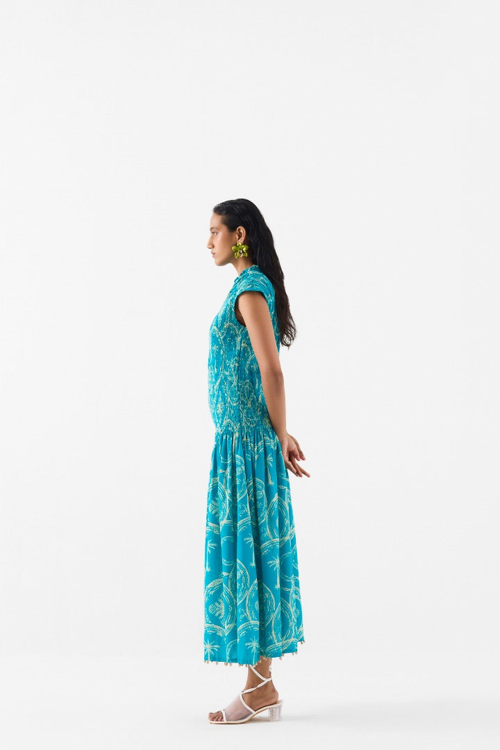 Turquoise Blue Ruching Dress \ printed \ cotton \ travel \ summer