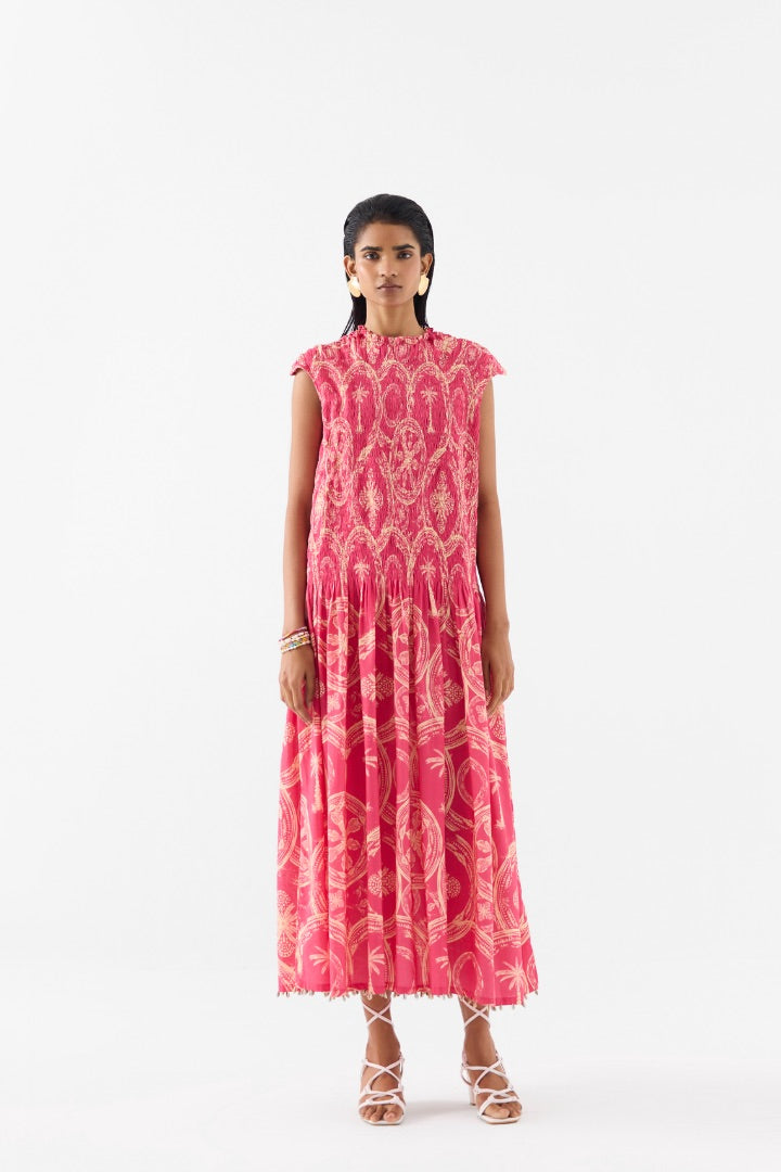 Pink Areca Palm Ruching Dress \ printed \ cotton \ travel \ summer
