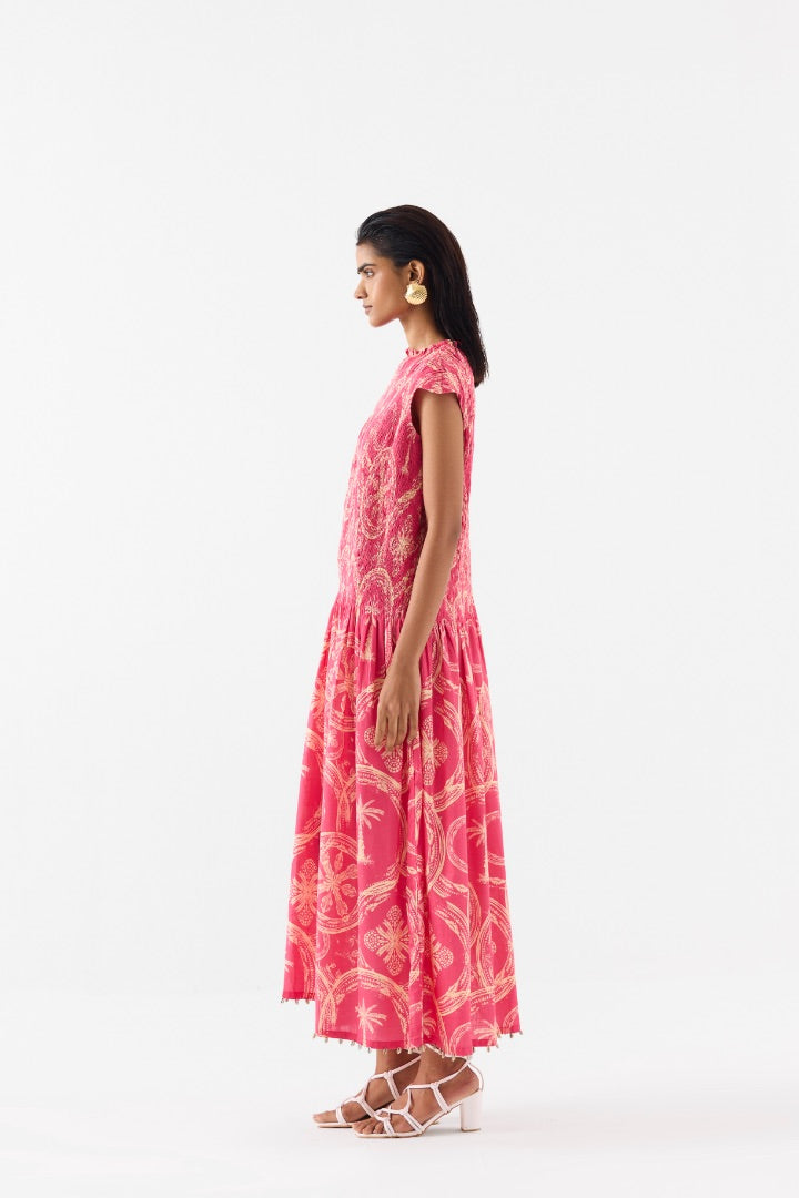 Pink Areca Palm Ruching Dress \ printed \ cotton \ travel \ summer