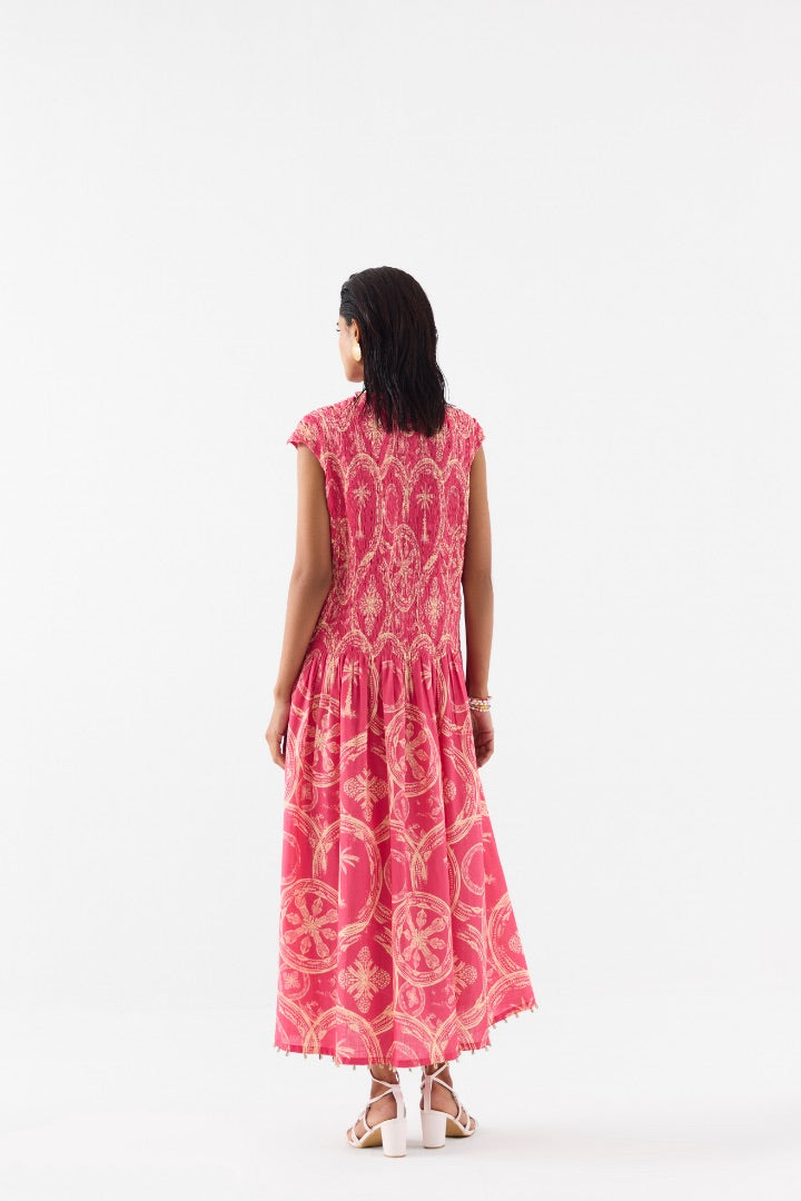 Pink Areca Palm Ruching Dress \ printed \ cotton \ travel \ summer
