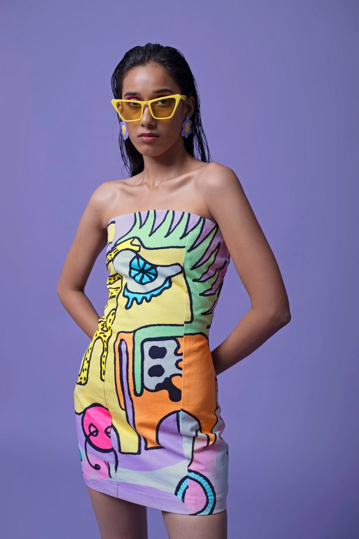 multi-color tube mini dress | printed | denim | bold