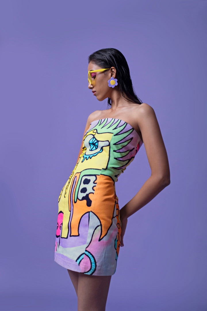multi-color tube mini dress | printed | denim | bold