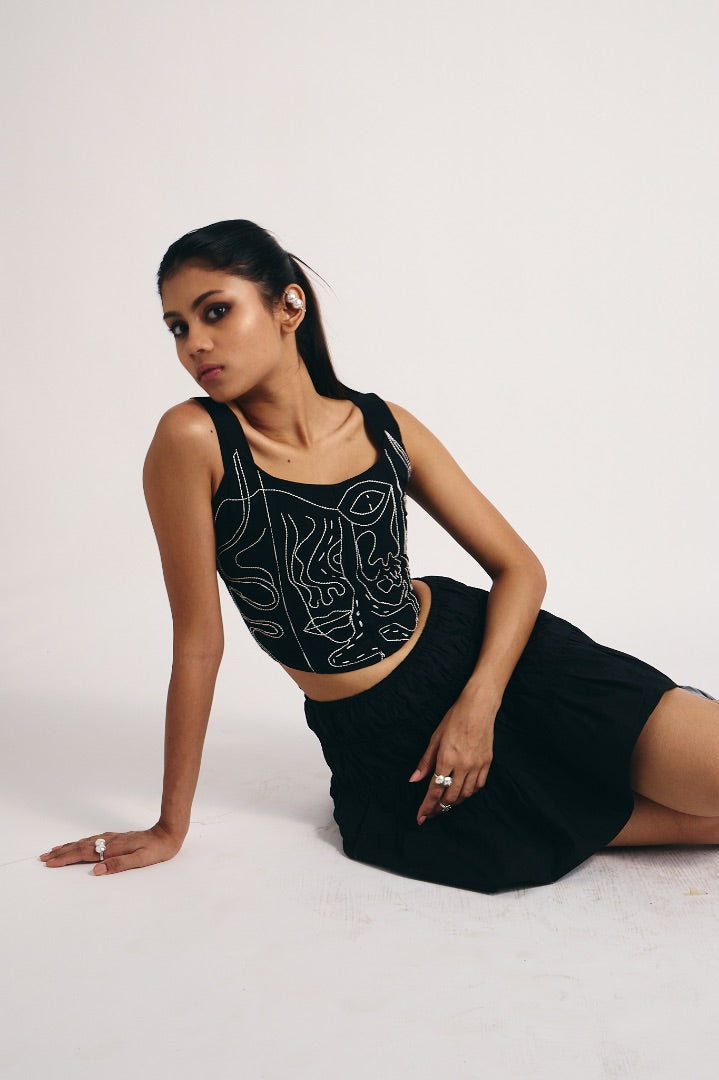 black corset | denim | embroidered | streetwear