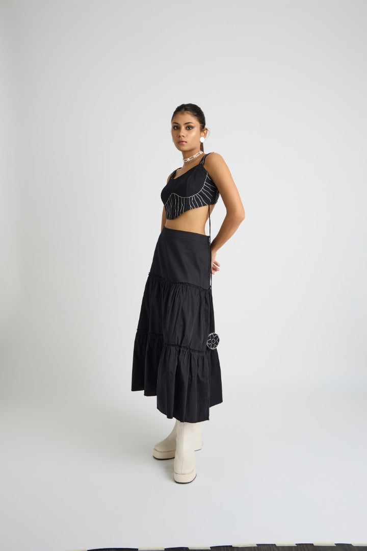 black denim corset with embroidery