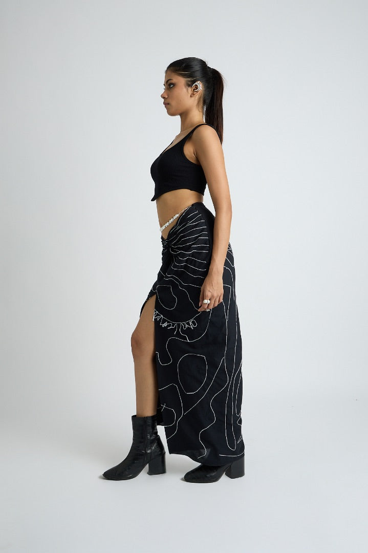black draped skirt | embroidery | mulmul