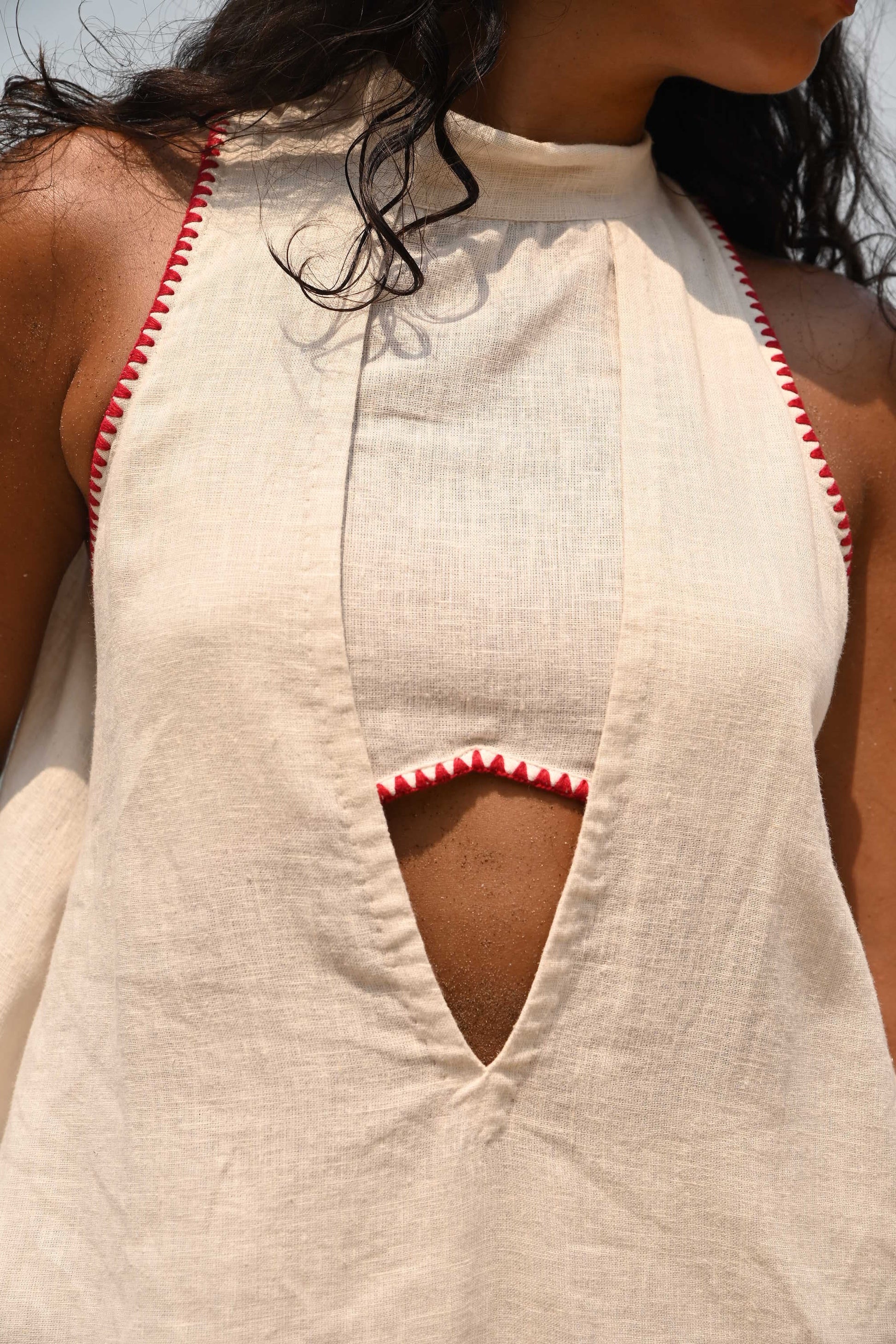 beige backless linen top