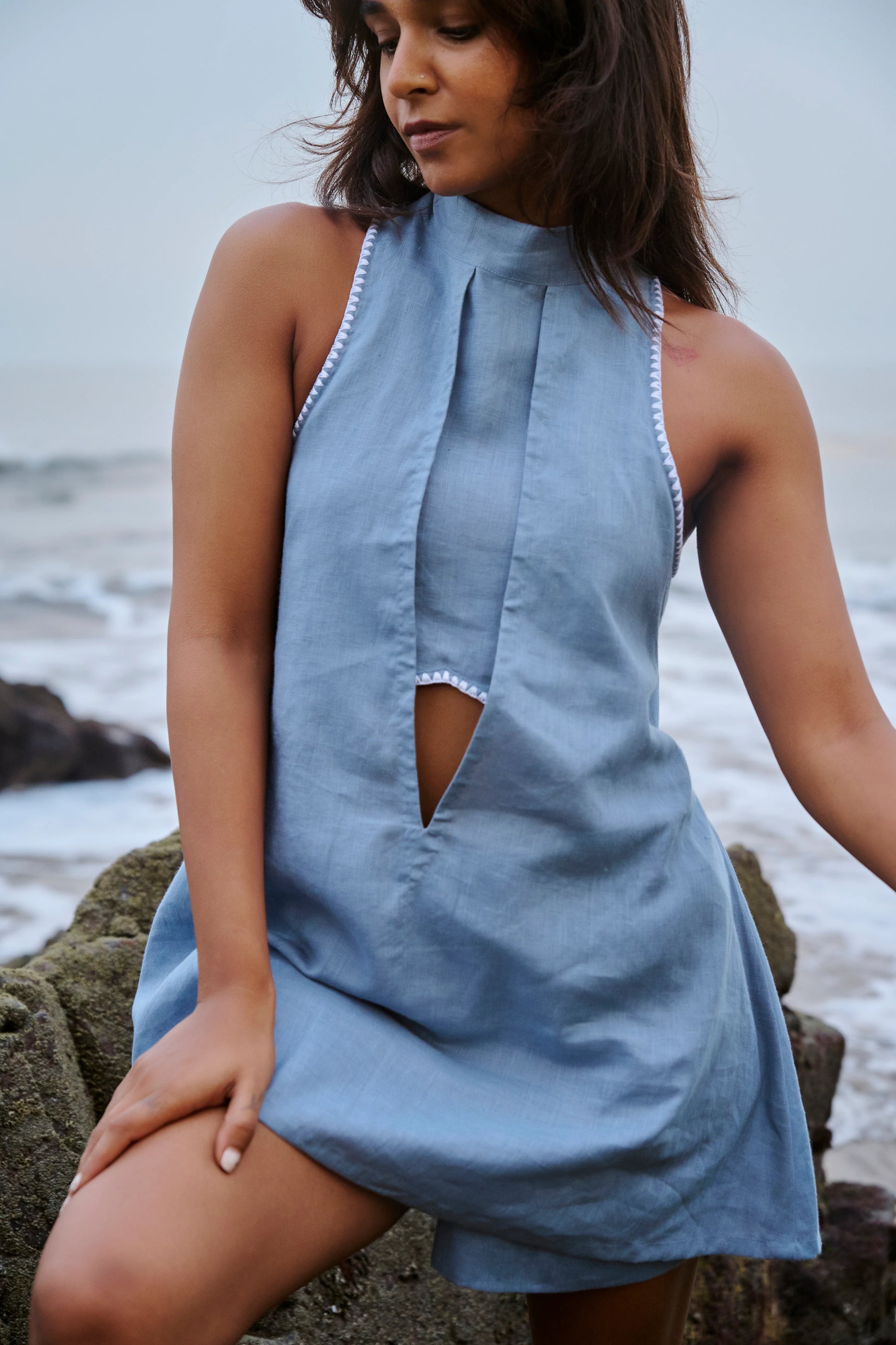 blue backless linen top