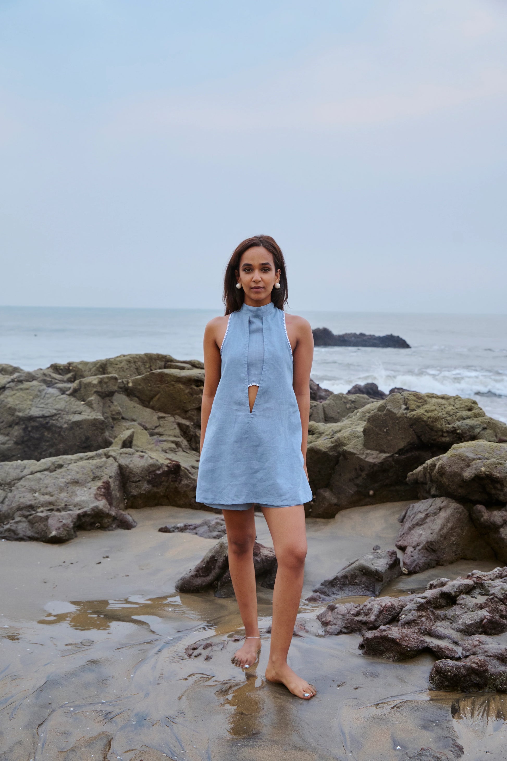 blue backless linen top