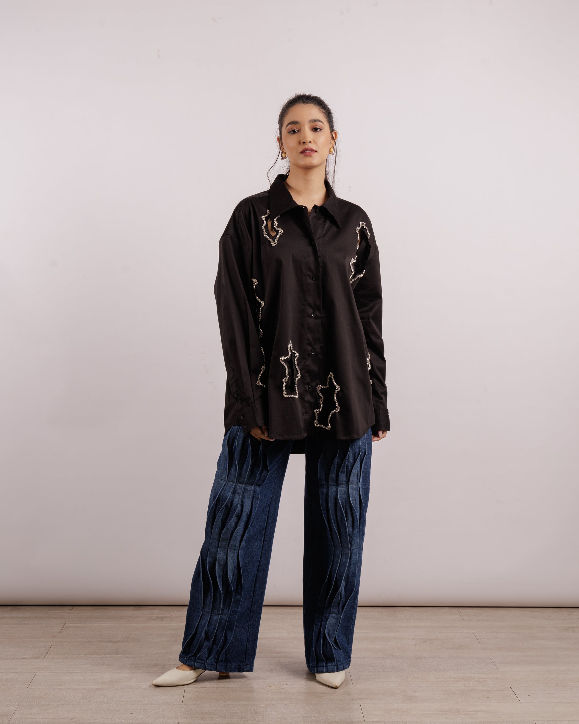 Algae Overshirt - Crystal Embroidery | Linen | Black