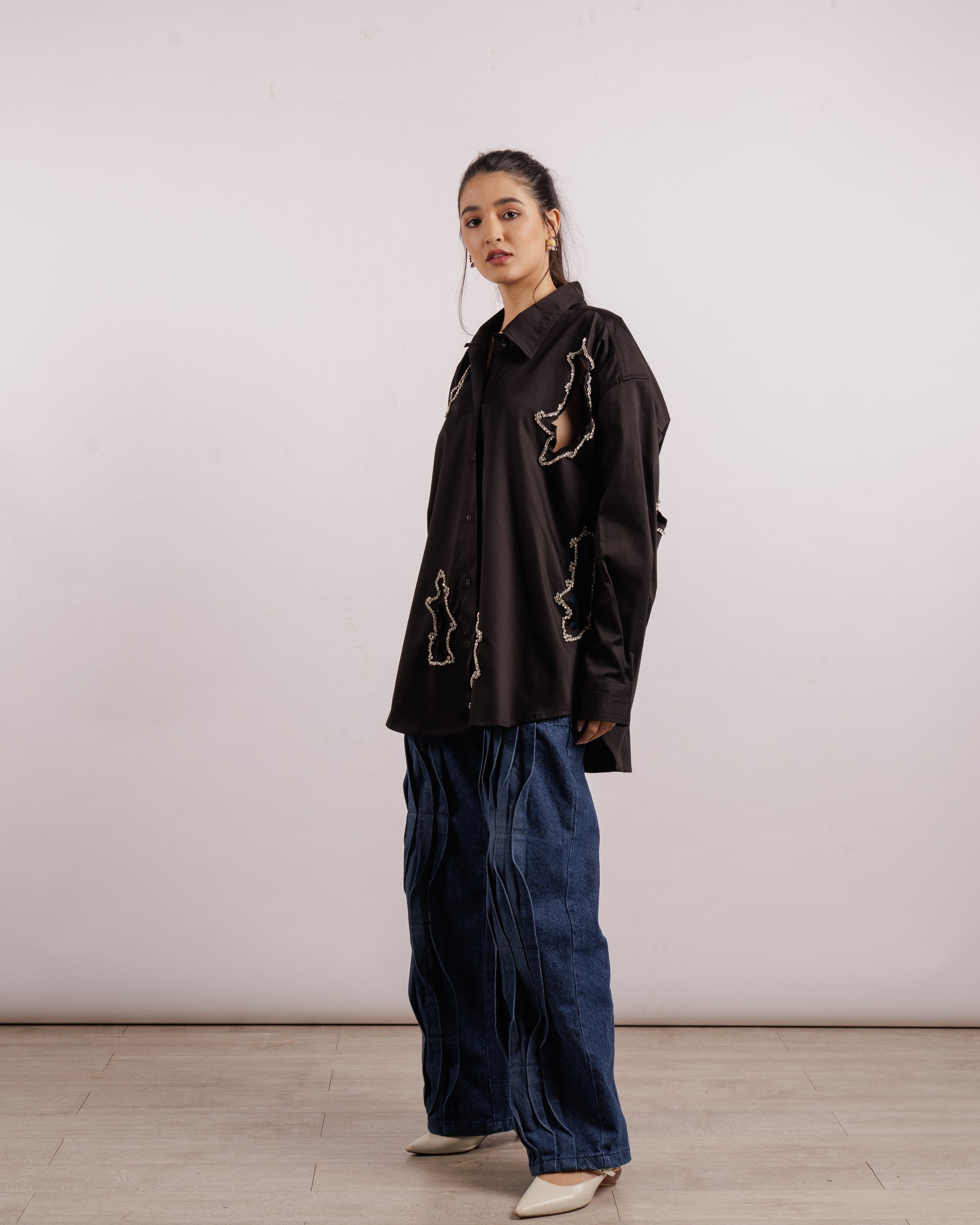Algae Overshirt - Crystal Embroidery | Linen | Black