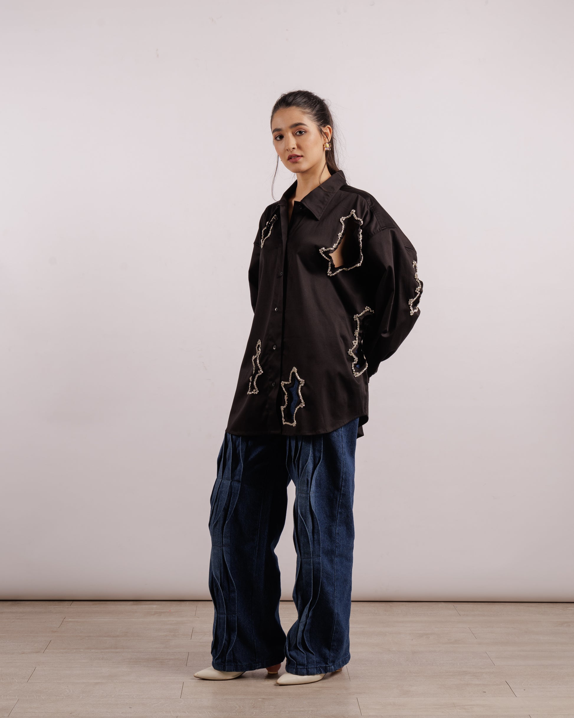 Algae Overshirt - Crystal Embroidery | Linen | Black