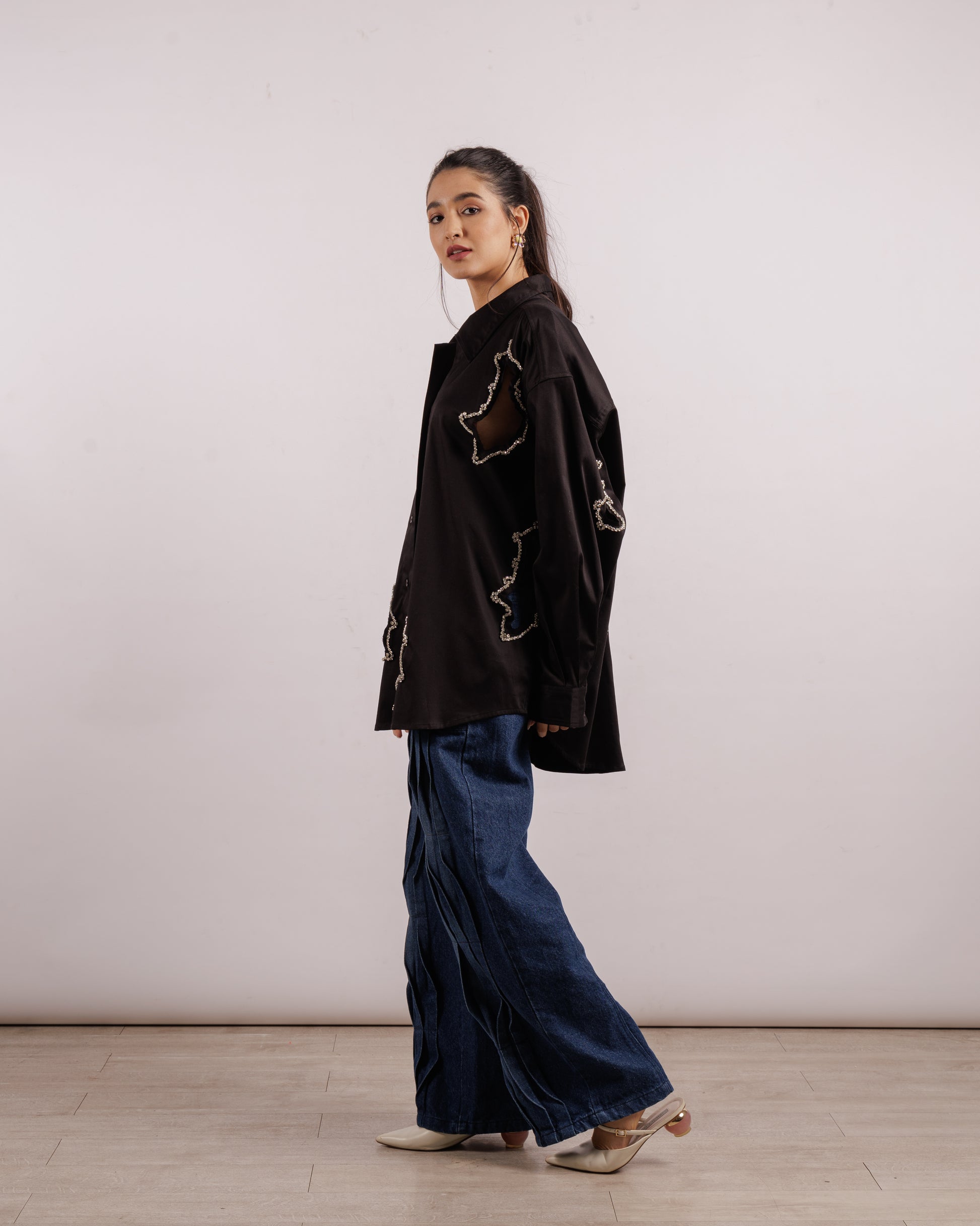 Algae Overshirt - Crystal Embroidery | Linen | Black