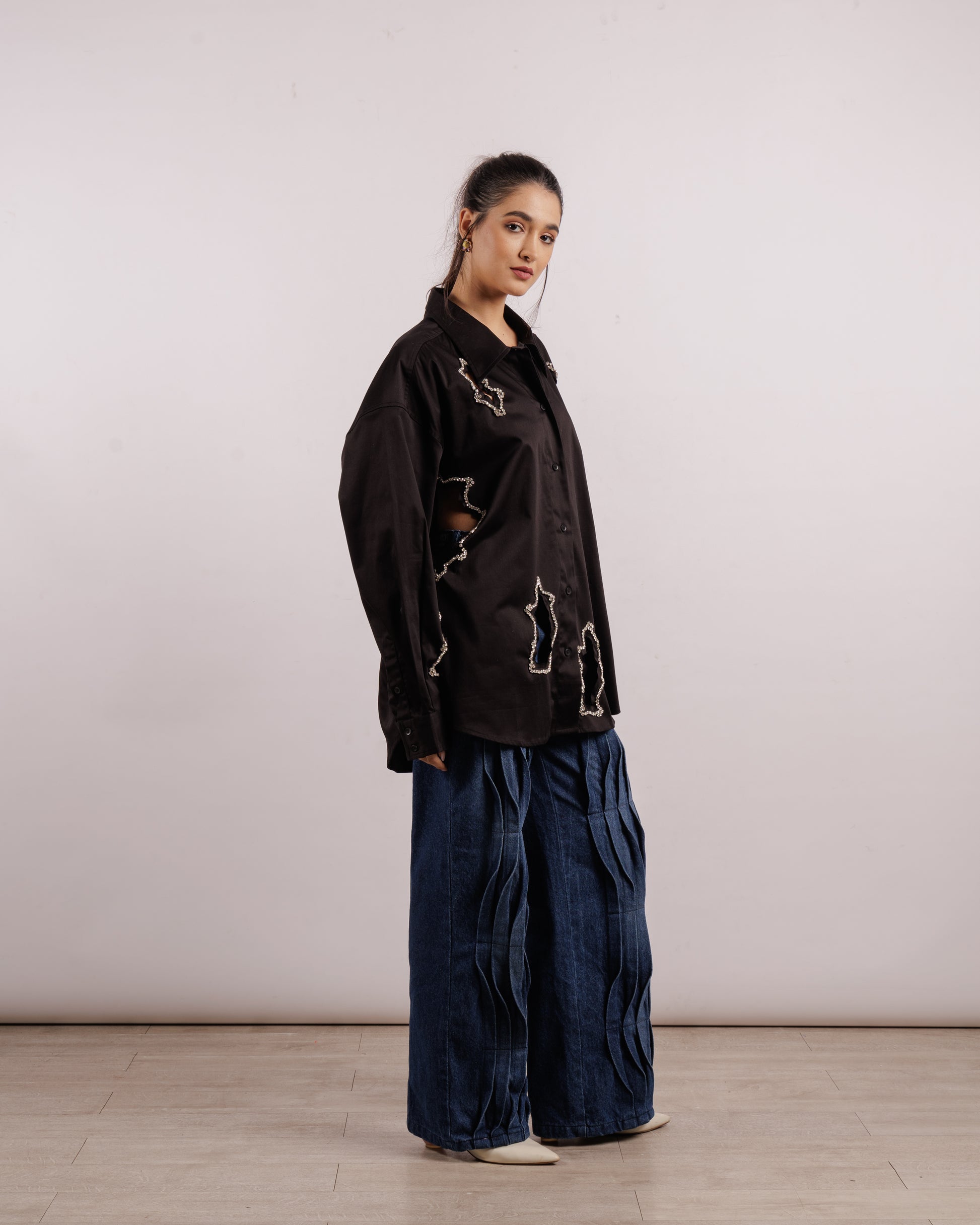 Algae Overshirt - Crystal Embroidery | Linen | Black