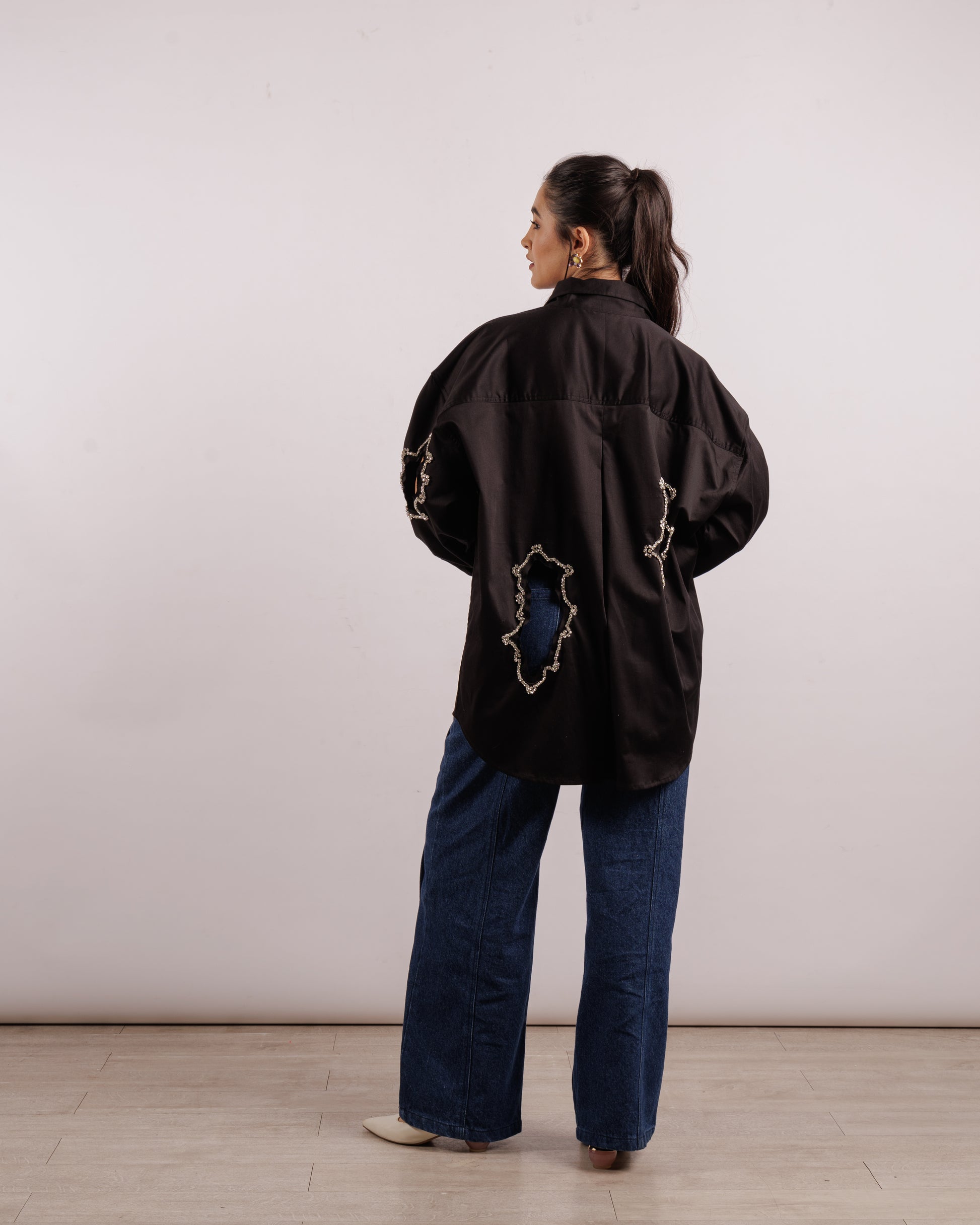 Algae Overshirt - Crystal Embroidery | Linen | Black