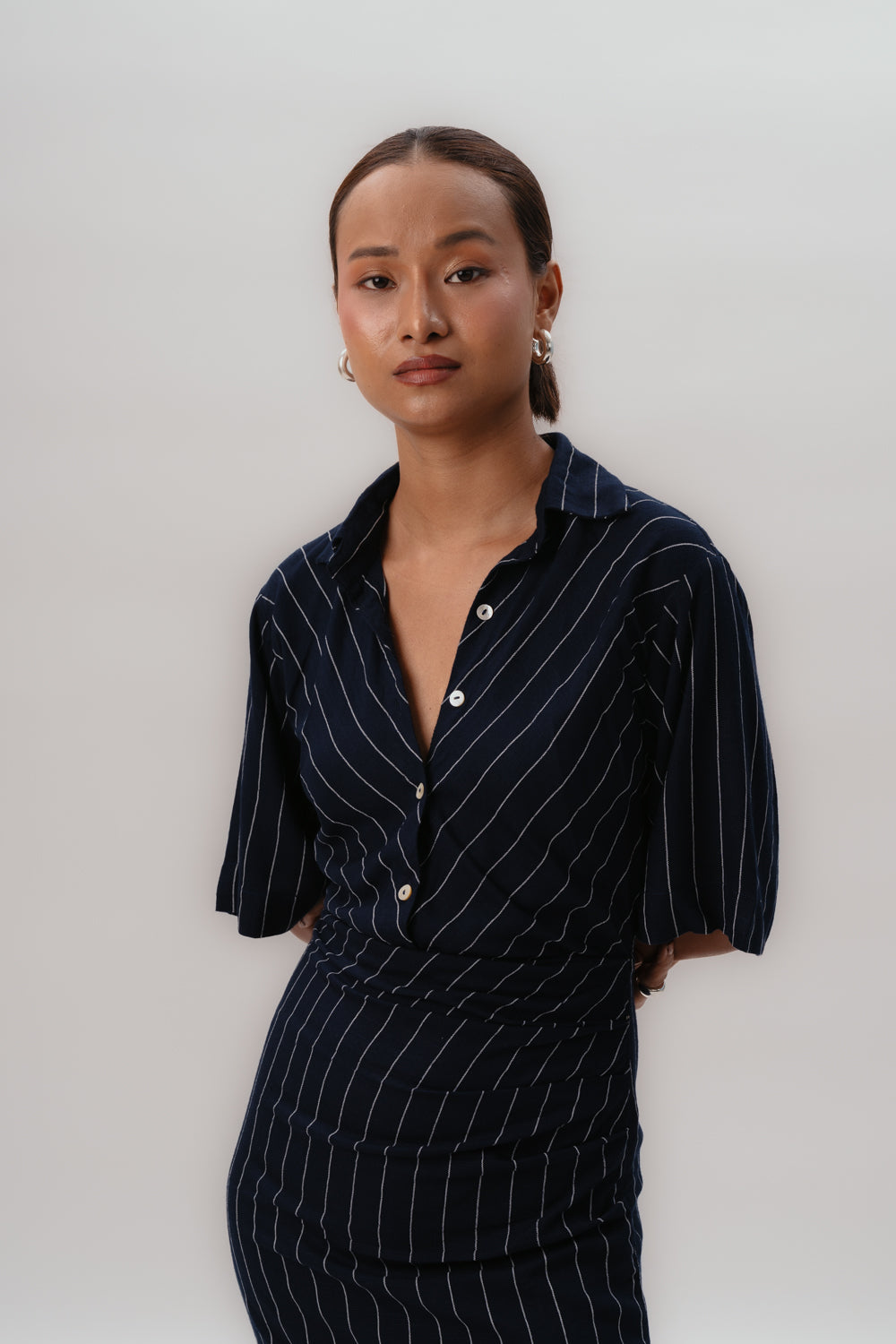 Navy Pinstripes Dress | Formal | Maxi