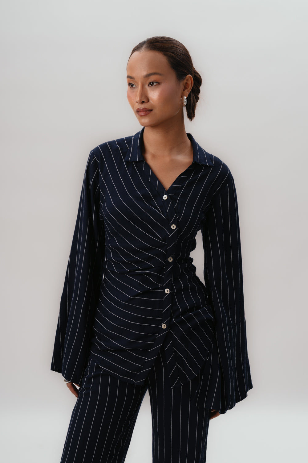 Navy Pinstripes Shirt | Formal | Asymmetrical
