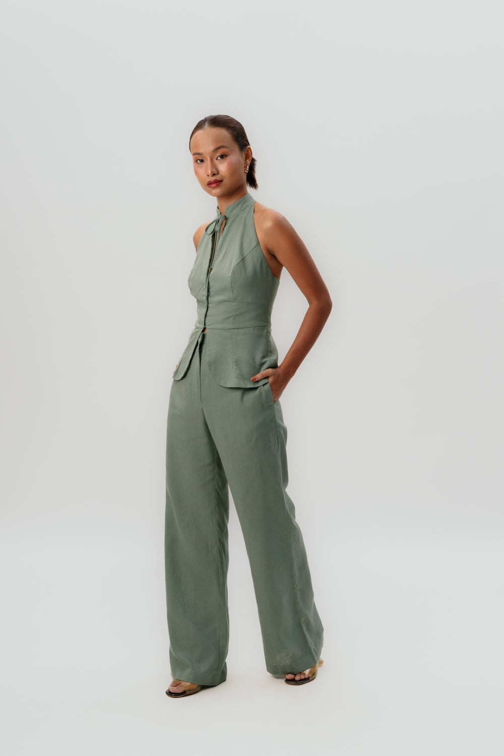 Mint Green Halter Neck Top | Linen | Pants