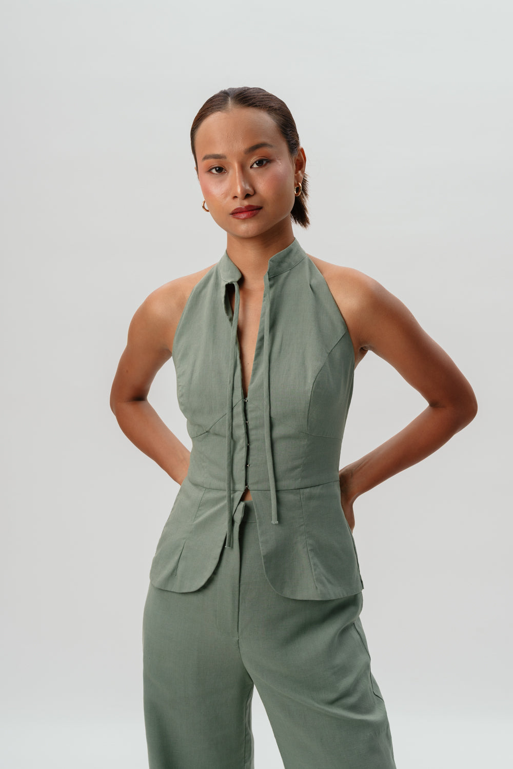 Mint Green Halter Neck Top | Linen | Pants | Tie Up