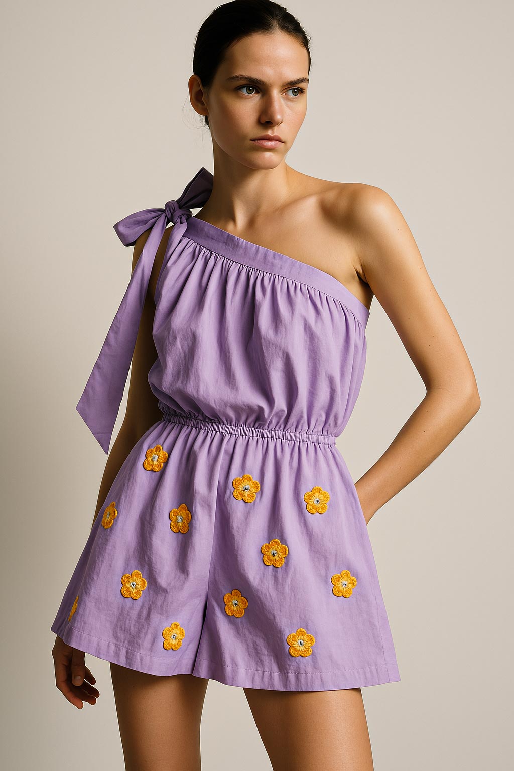 Lilac Poplin Romper with Crochet Flowers