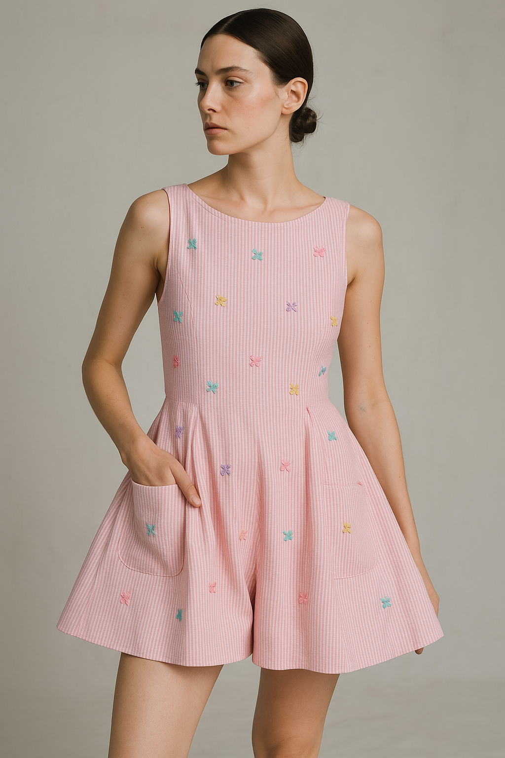 Rose Pink Butterfly Embroidered Flared Romper