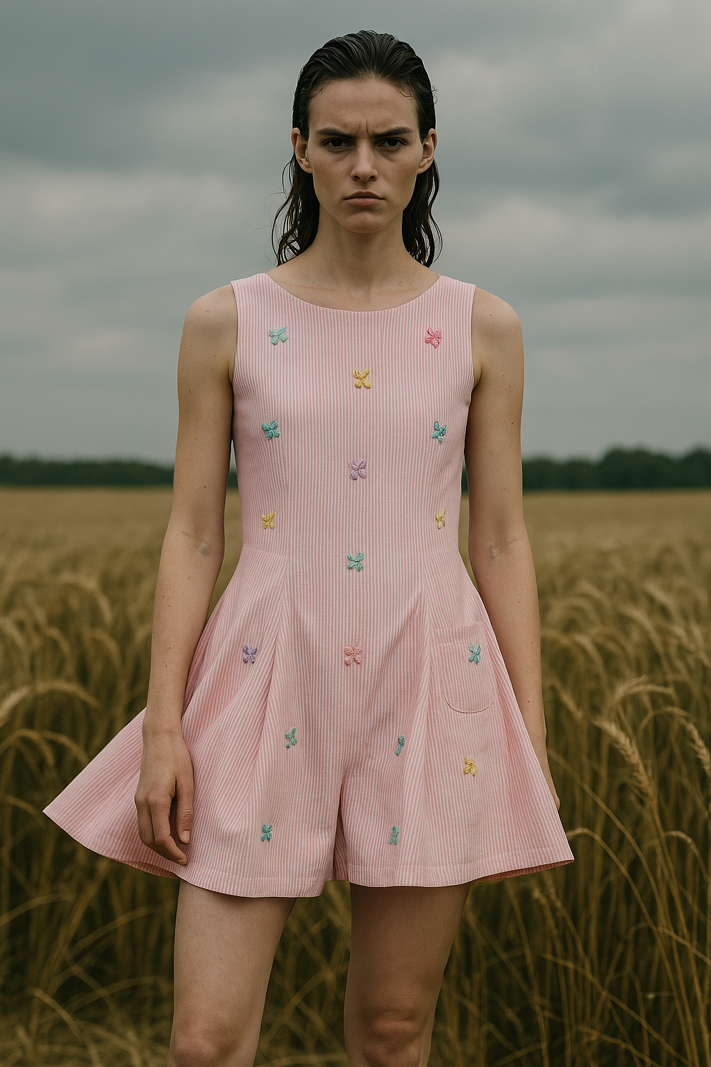 Rose Pink Butterfly Embroidered Flared Romper
