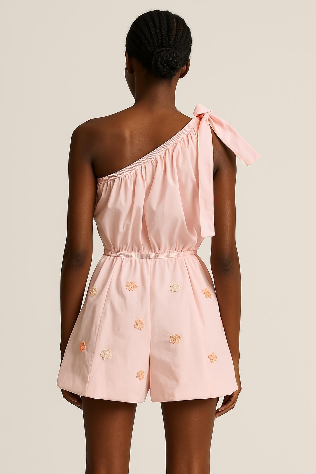 Blush Pink Poplin Romper with Crochet Flowers