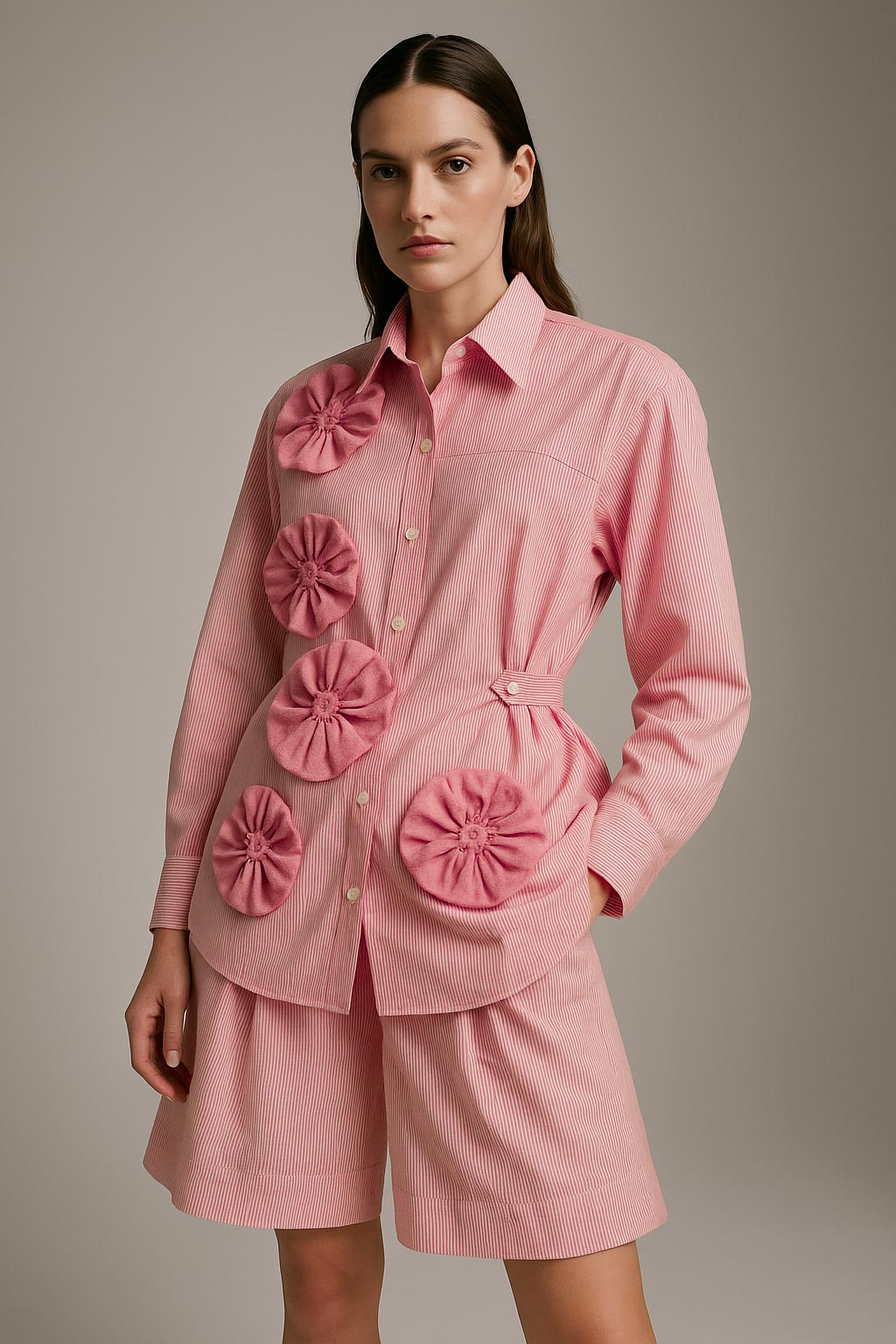 Pink Rosette 3D Flower Cotton Shirt