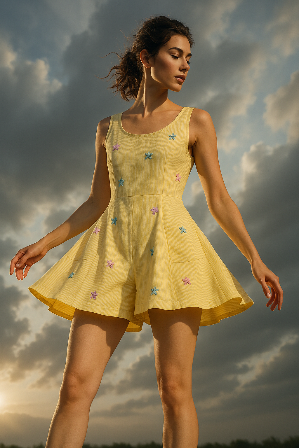 Butter Yellow Butterfly Embroidered Flared Romper